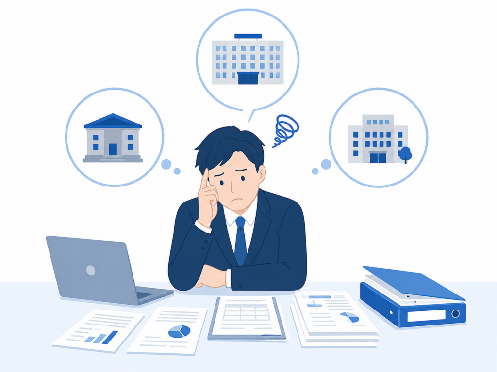 決算申告に必要な書類や提出先が複数あり悩む法人経営者を示したイラスト