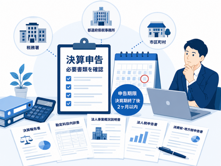 法人の決算申告に必要な書類や申告期限、税理士への相談をイメージしたアイキャッチ画像